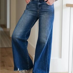 Risen Jeans High Rise Bell Flare Size 9/29 Dark Wash Raw Hem Distressed